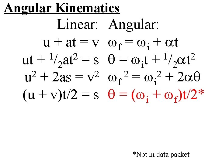 Angular Kinematics Linear: u + at = v ut + 1/2 at 2 =