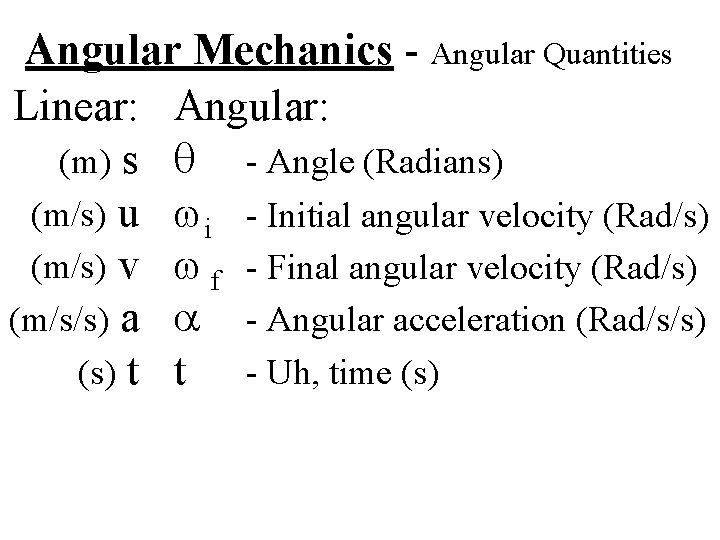 Angular Mechanics - Angular Quantities Linear: Angular: (m) s - Angle (Radians) (m/s) u