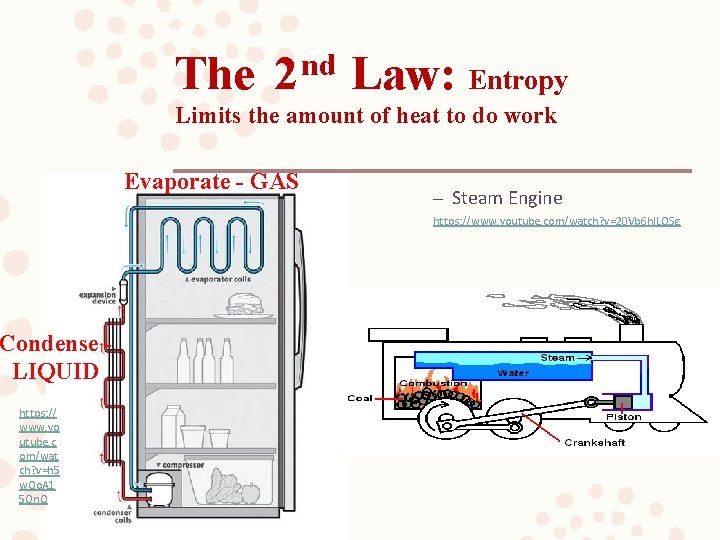 The nd 2 Law: Entropy Limits the amount of heat to do work Evaporate