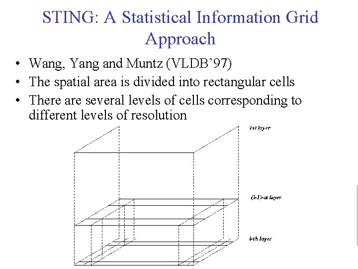 STING: A Statistical Information Grid Approach • Wang, Yang and Muntz (VLDB’ 97) • STING: A Statistical Information Grid Approach • Wang, Yang and Muntz (VLDB’ 97) •
