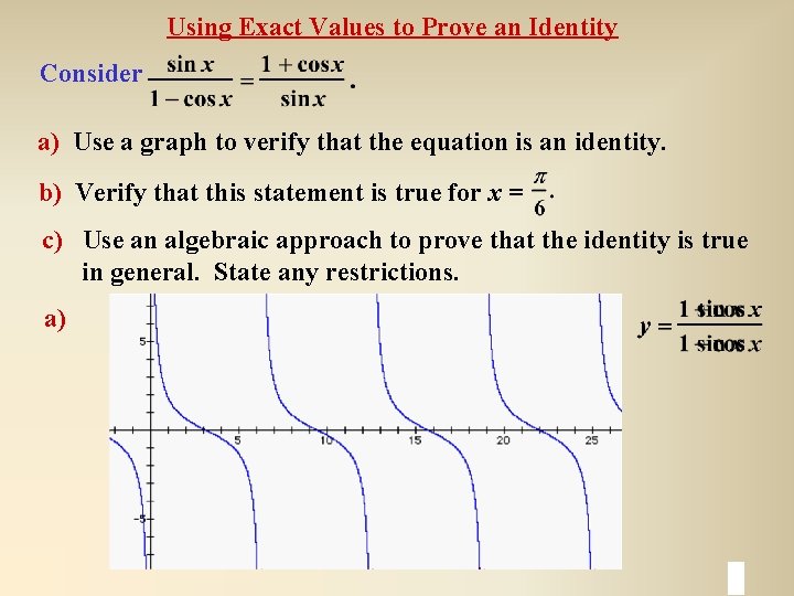 Using Exact Values to Prove an Identity Consider a) Use a graph to verify