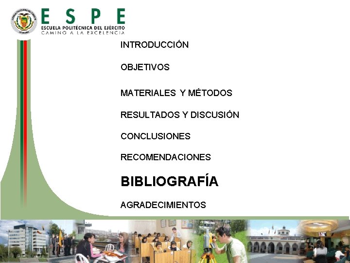 INTRODUCCIÓN OBJETIVOS MATERIALES Y MÉTODOS RESULTADOS Y DISCUSIÓN CONCLUSIONES RECOMENDACIONES BIBLIOGRAFÍA AGRADECIMIENTOS 