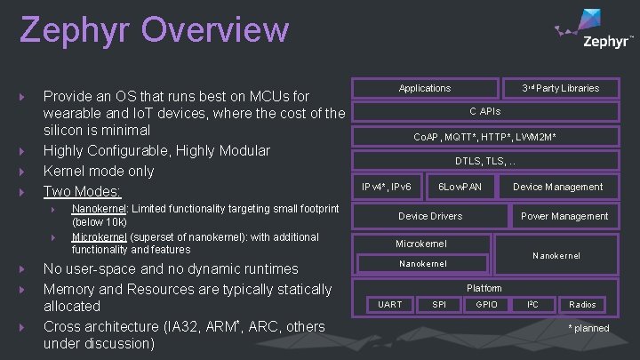 Zephyr Overview Provide an OS that runs best on MCUs for wearable and Io.