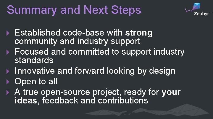 Summary and Next Steps Established code-base with strong community and industry support Focused and