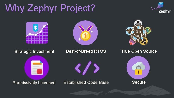 Why Zephyr Project? Strategic Investment Best-of-Breed RTOS True Open Source Permissively Licensed Established Code