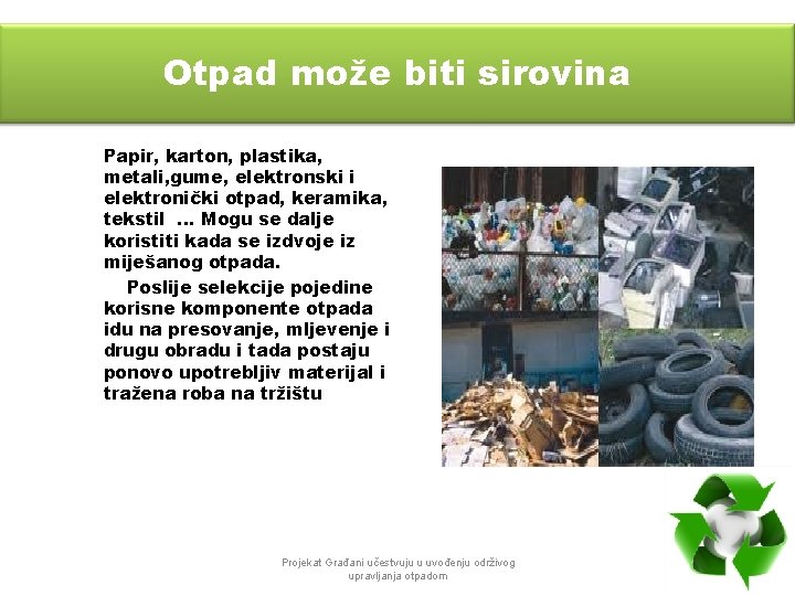 Otpad može biti sirovina Papir, karton, plastika, metali, gume, elektronski i elektronički otpad, keramika,