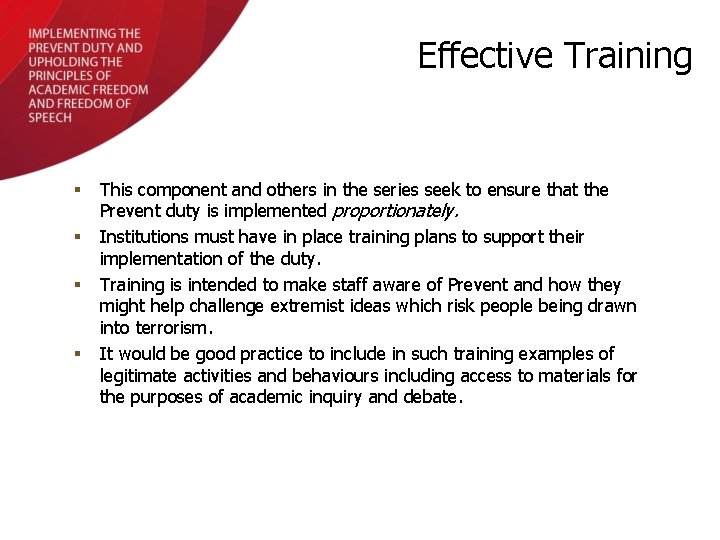 Effective Training § § This component and others in the series seek to ensure