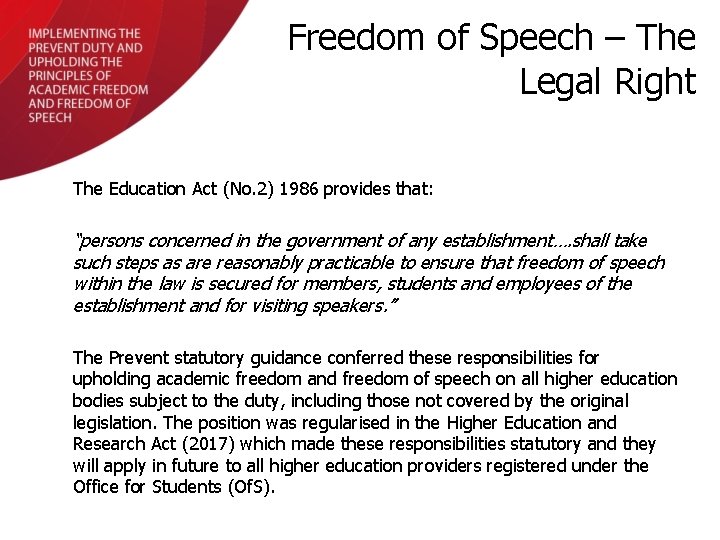 Freedom of Speech – The Legal Right The Education Act (No. 2) 1986 provides