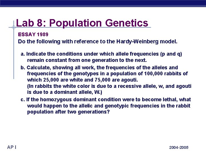 Lab 8: Population Genetics ESSAY 1989 Do the following with reference to the Hardy-Weinberg