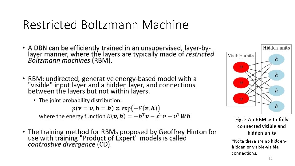 Restricted Boltzmann Machine • Fig. 2 An RBM with fully connected visible and hidden Restricted Boltzmann Machine • Fig. 2 An RBM with fully connected visible and hidden