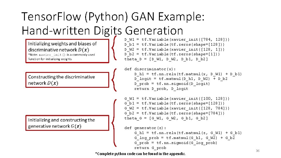 Tensor. Flow (Python) GAN Example: Hand-written Digits Generation D_W 1 = tf. Variable(xavier_init([784, 128]))