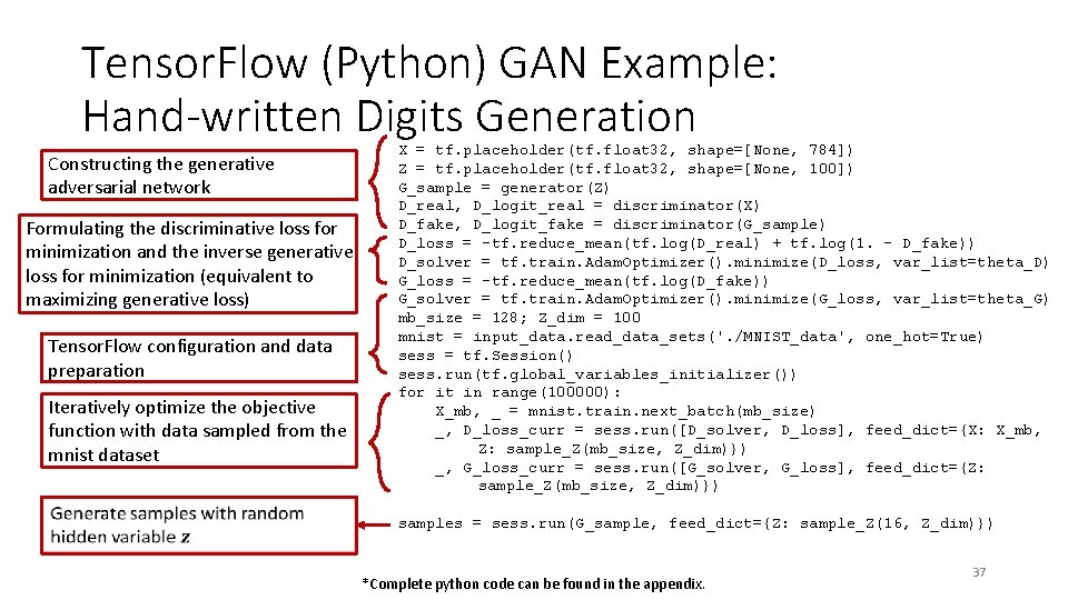 Tensor. Flow (Python) GAN Example: Hand-written Digits Generation Constructing the generative adversarial network Formulating Tensor. Flow (Python) GAN Example: Hand-written Digits Generation Constructing the generative adversarial network Formulating