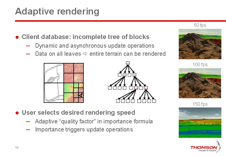 Adaptive rendering 50 fps l Client database: incomplete tree of blocks – Dynamic and