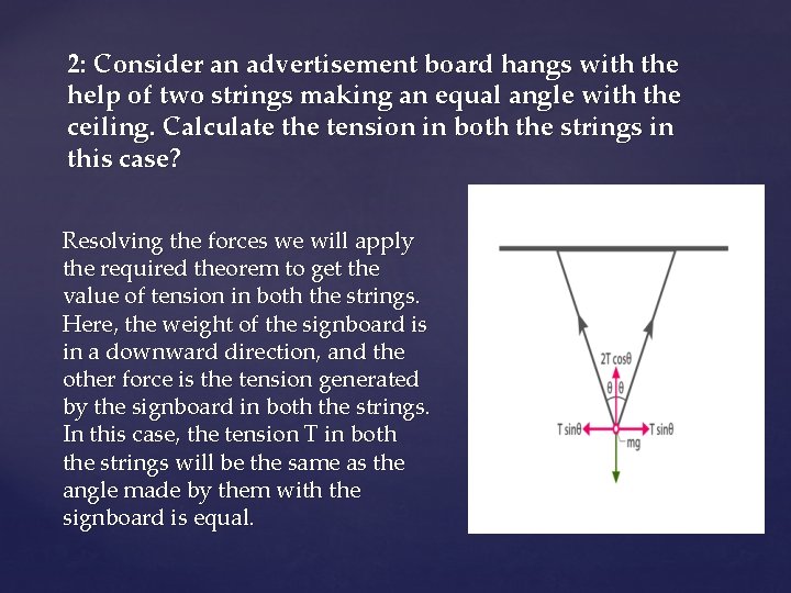 2: Consider an advertisement board hangs with the help of two strings making an