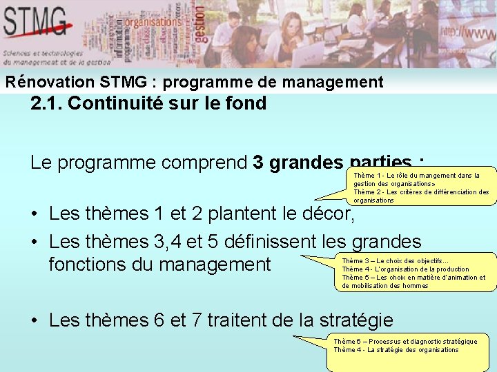 Rénovation STMG : programme de management 2. 1. Continuité sur le fond Le programme Rénovation STMG : programme de management 2. 1. Continuité sur le fond Le programme