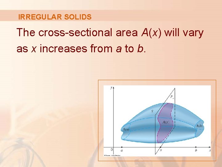 IRREGULAR SOLIDS The cross-sectional area A(x) will vary as x increases from a to