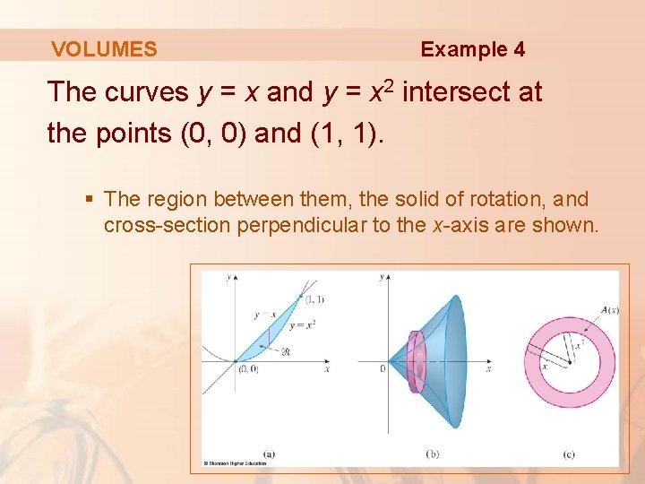 VOLUMES Example 4 The curves y = x and y = x 2 intersect