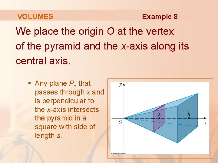 VOLUMES Example 8 We place the origin O at the vertex of the pyramid