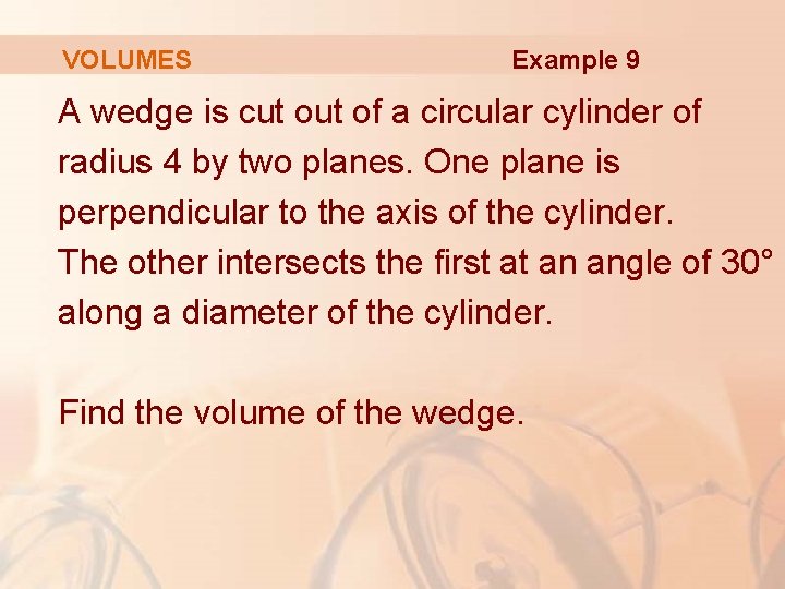 VOLUMES Example 9 A wedge is cut of a circular cylinder of radius 4