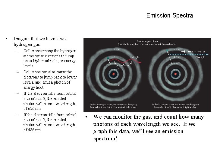 Emission Spectra • Imagine that we have a hot hydrogen gas. – – Collisions