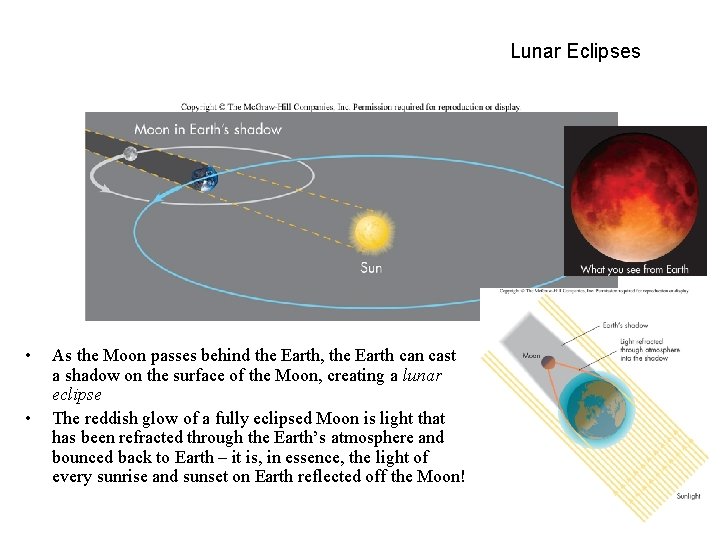 Lunar Eclipses • • As the Moon passes behind the Earth, the Earth can