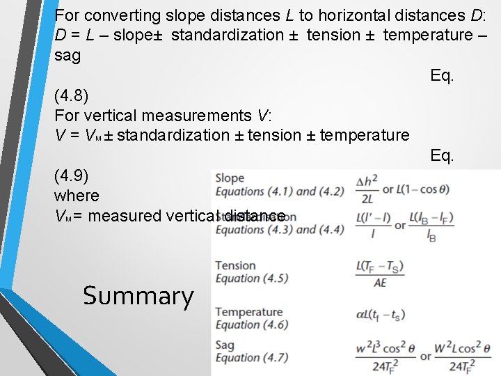 For converting slope distances L to horizontal distances D: D = L – slope±