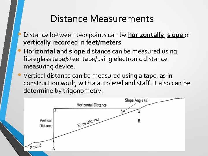 Distance Measurements • Distance between two points can be horizontally, slope or vertically recorded