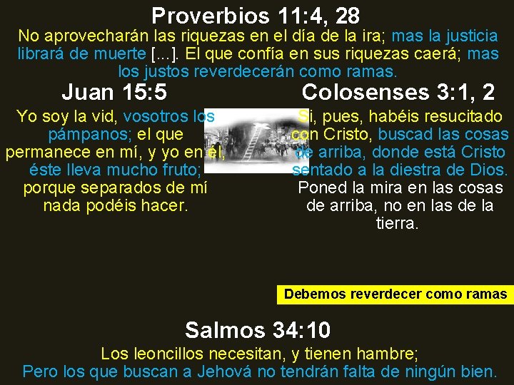 Proverbios 11: 4, 28 No aprovecharán las riquezas en el día de la ira;