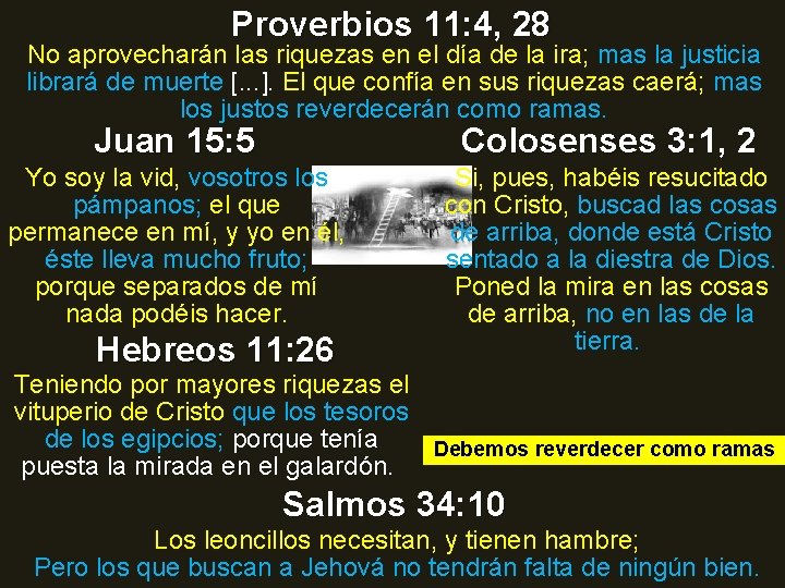 Proverbios 11: 4, 28 No aprovecharán las riquezas en el día de la ira;