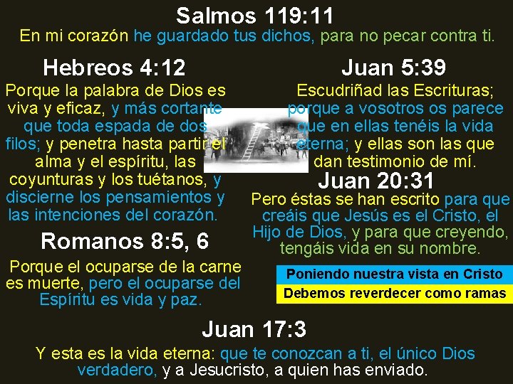 Salmos 119: 11 En mi corazón he guardado tus dichos, para no pecar contra