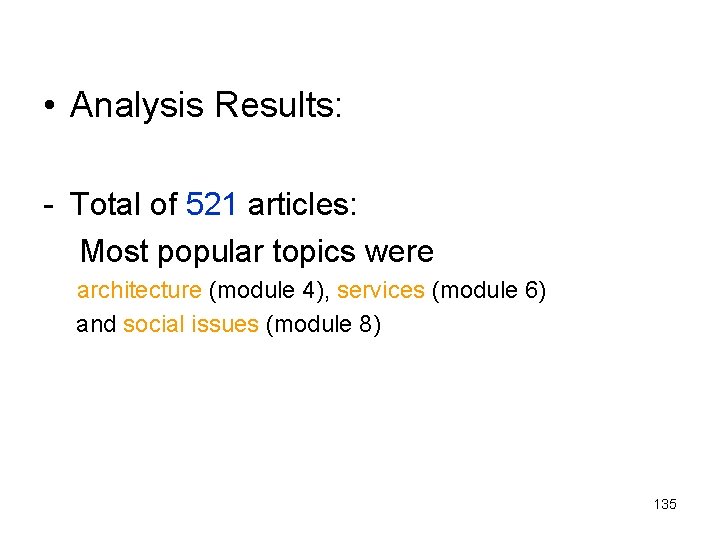  • Analysis Results: - Total of 521 articles: Most popular topics were architecture