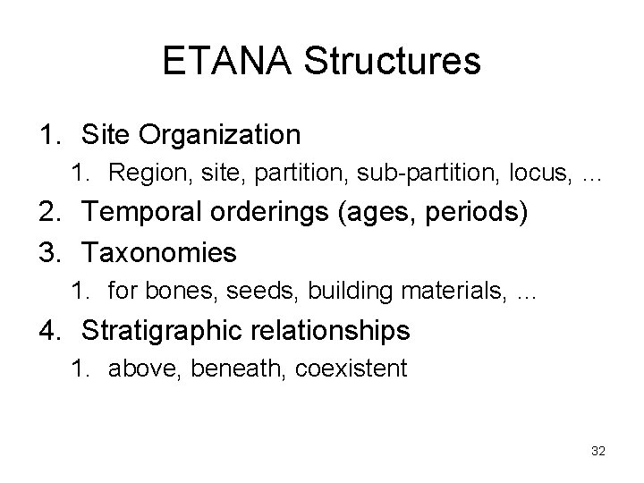 ETANA Structures 1. Site Organization 1. Region, site, partition, sub-partition, locus, … 2. Temporal