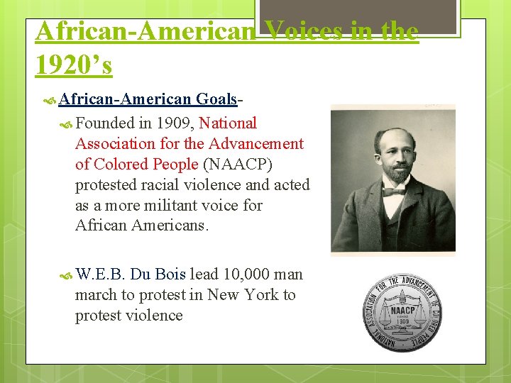 African-American Voices in the 1920’s African-American Goals Founded in 1909, National Association for the