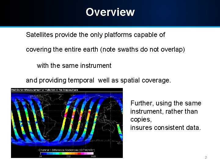 Overview Satellites provide the only platforms capable of covering the entire earth (note swaths