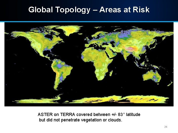 Global Topology – Areas at Risk ASTER on TERRA covered between +/- 83° latitude