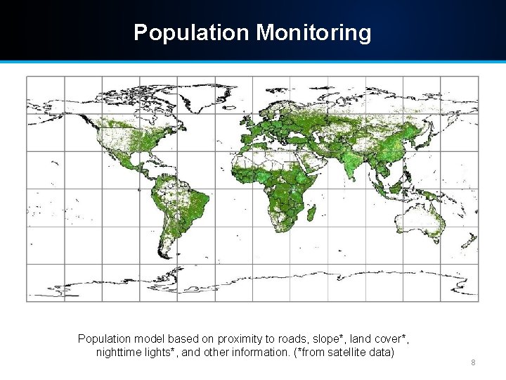 Population Monitoring Population model based on proximity to roads, slope*, land cover*, Fires in