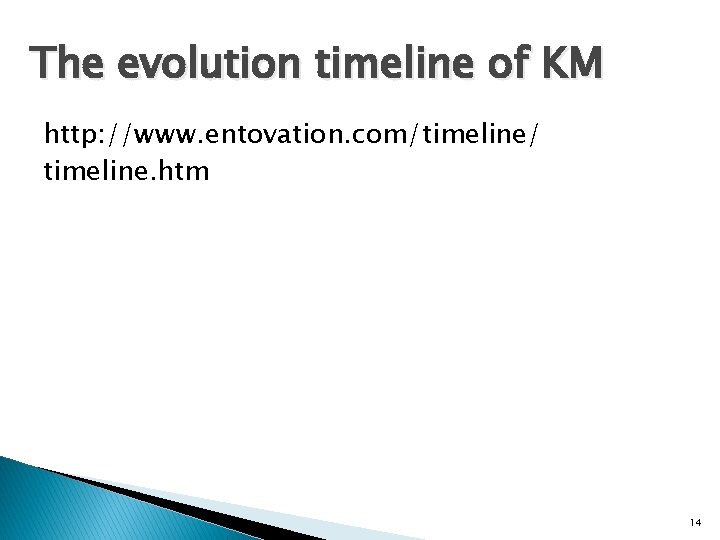 The evolution timeline of KM http: //www. entovation. com/timeline/ timeline. htm 14 