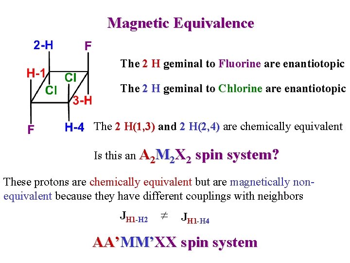 Magnetic Equivalence The 2 H geminal to Fluorine are enantiotopic The 2 H geminal