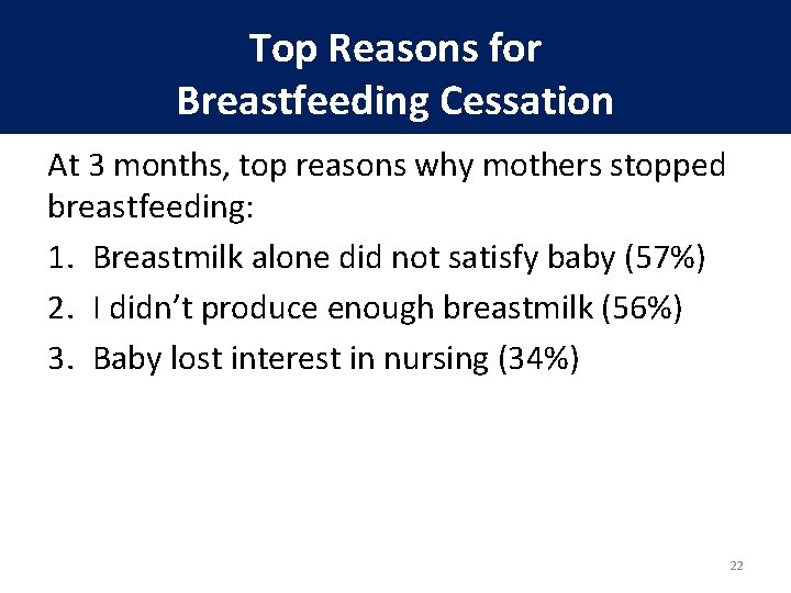 Top Reasons for Breastfeeding Cessation At 3 months, top reasons why mothers stopped breastfeeding: