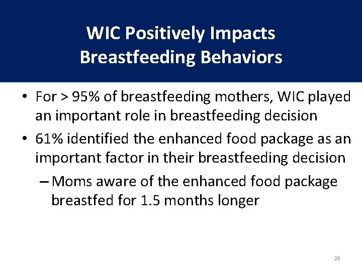 WIC Positively Impacts Breastfeeding Behaviors • For > 95% of breastfeeding mothers, WIC played