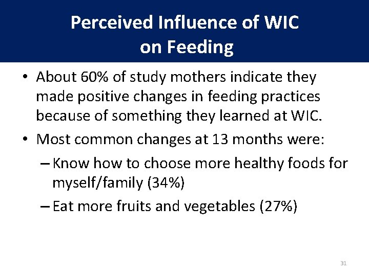 Perceived Influence of WIC on Feeding • About 60% of study mothers indicate they