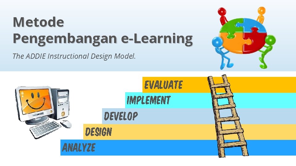 Metode Pengembangan e-Learning The ADDIE Instructional Design Model. EVALUATE IMPLEMENT DEVELOP DESIGN ANALYZE Metode Pengembangan e-Learning The ADDIE Instructional Design Model. EVALUATE IMPLEMENT DEVELOP DESIGN ANALYZE