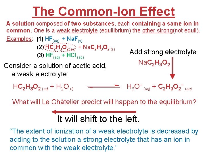 The Common-Ion Effect A solution composed of two substances, each containing a same ion