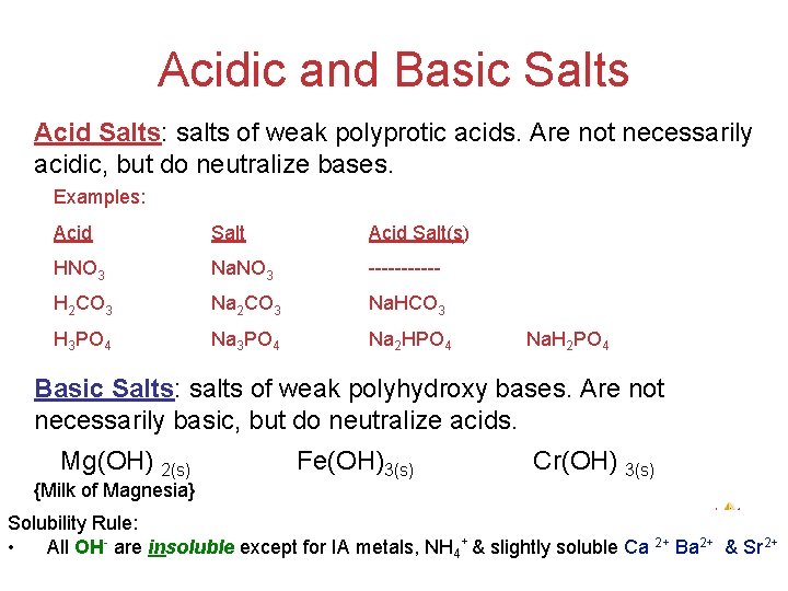 Acidic and Basic Salts Acid Salts: salts of weak polyprotic acids. Are not necessarily