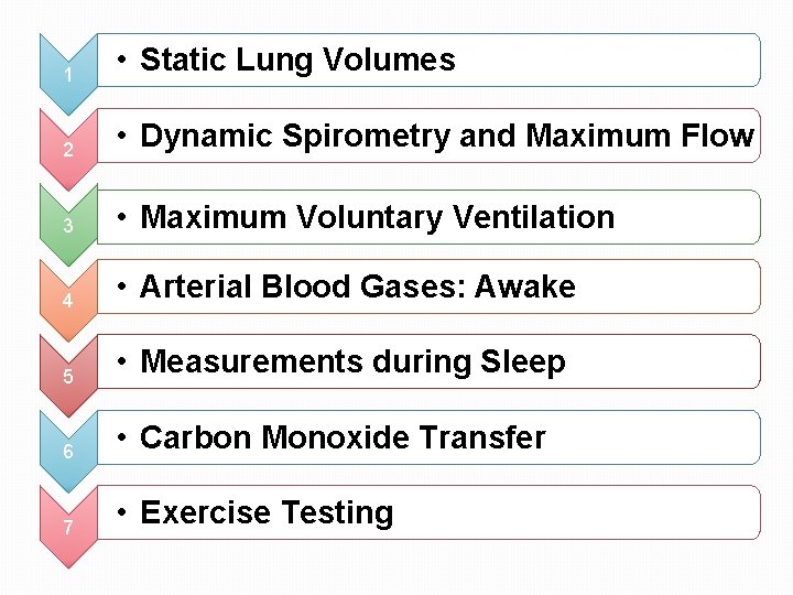 1 • Static Lung Volumes 2 • Dynamic Spirometry and Maximum Flow 3 •