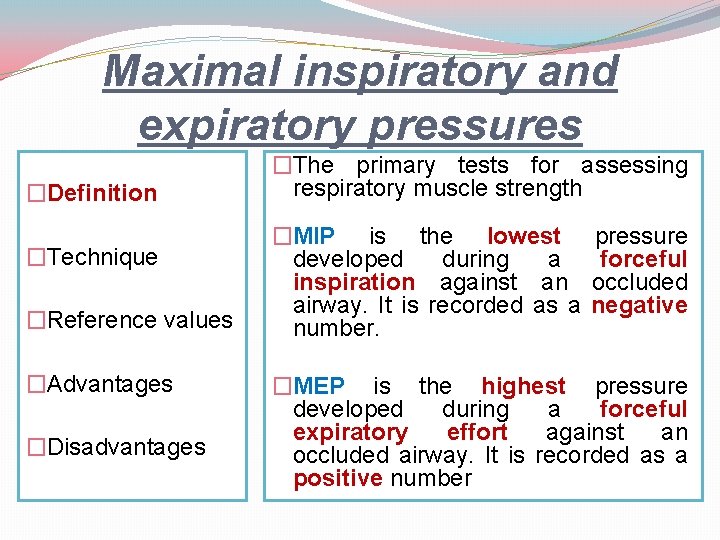 Maximal inspiratory and expiratory pressures �Definition �Technique �Reference values �Advantages �Disadvantages �The primary tests