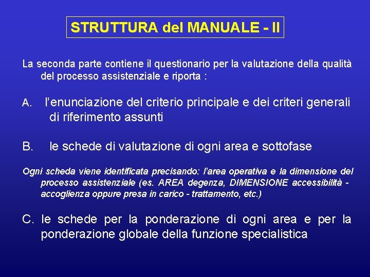 STRUTTURA del MANUALE - II La seconda parte contiene il questionario per la valutazione