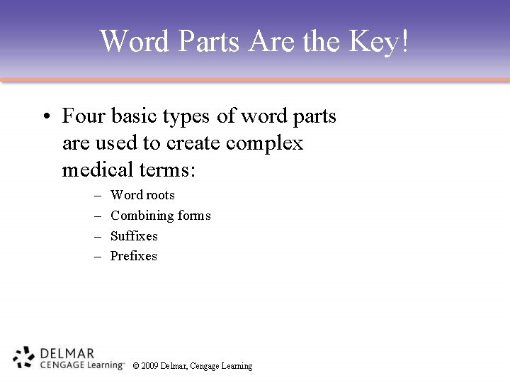 Word Parts Are the Key! • Four basic types of word parts are used