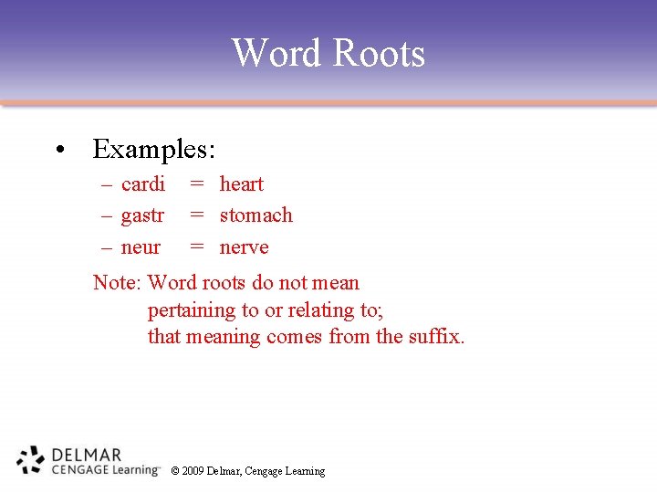 Word Roots • Examples: – cardi – gastr – neur = heart = stomach