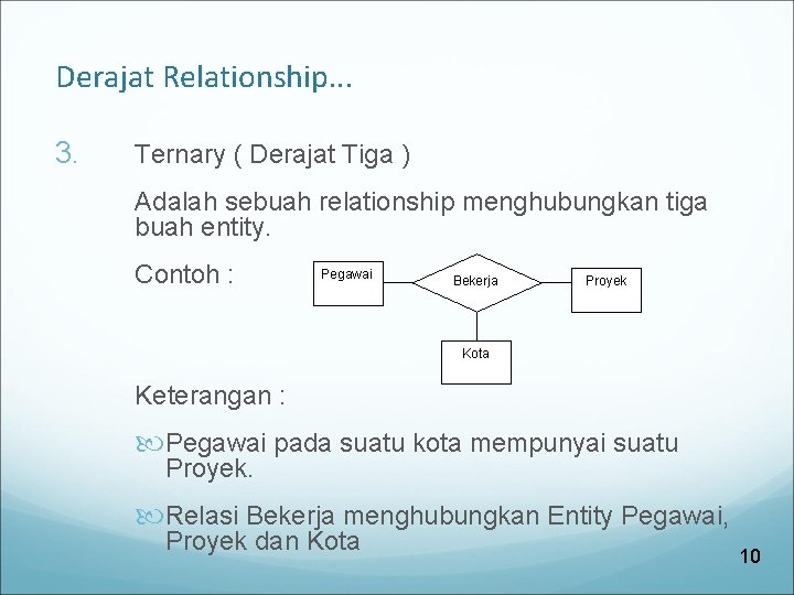 Derajat Relationship. . . 3. Ternary ( Derajat Tiga ) Adalah sebuah relationship menghubungkan